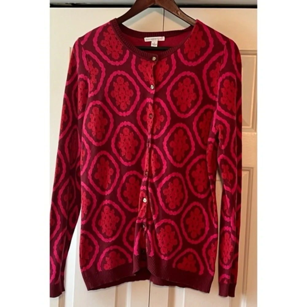Red Medallion Jacquard Statement Holiday Knit Cardigan Sweater EUC L #653